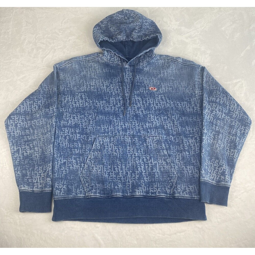 Diesel Sweater Mens Large Blue Hoodie Denim Effect All Over Logo Sweatshirt